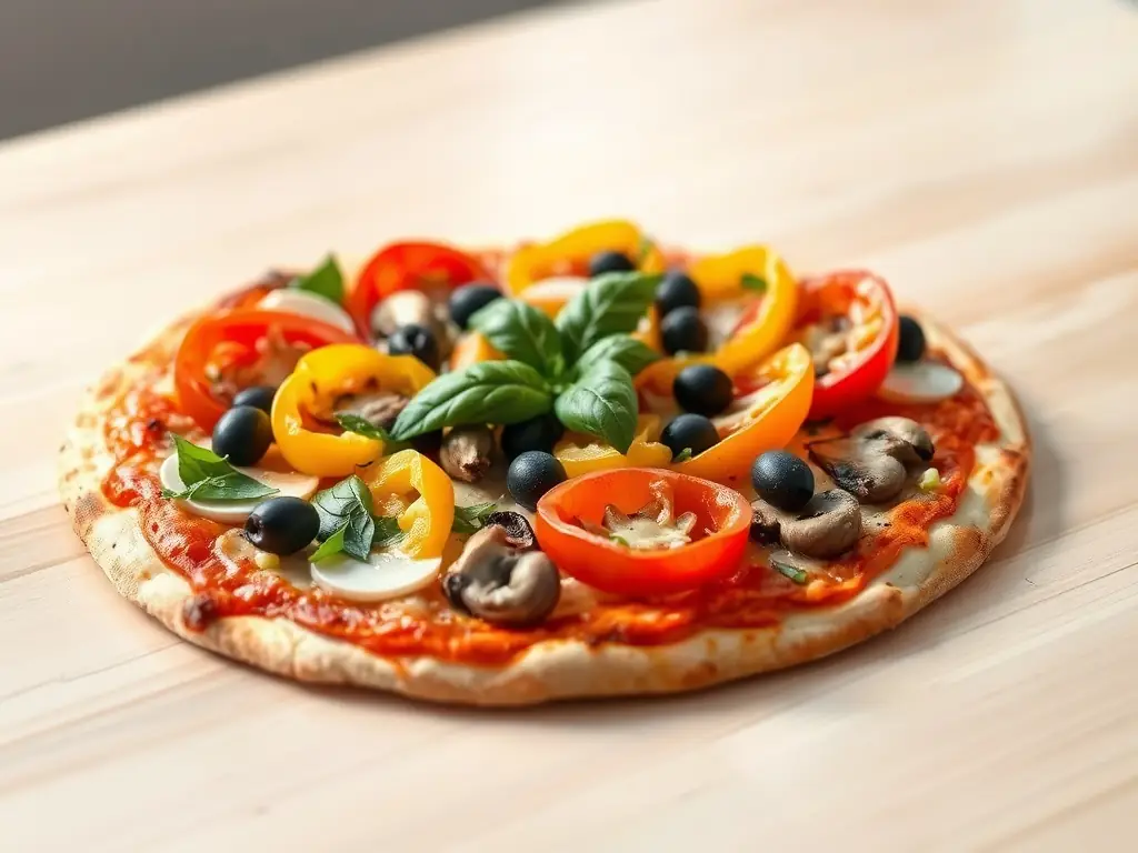 A close-up image of a 'Mediterranean Delight' pizza from Pizza Depot, highlighting sun-dried tomatoes, black olives, feta cheese, and spinach on a thin crust.