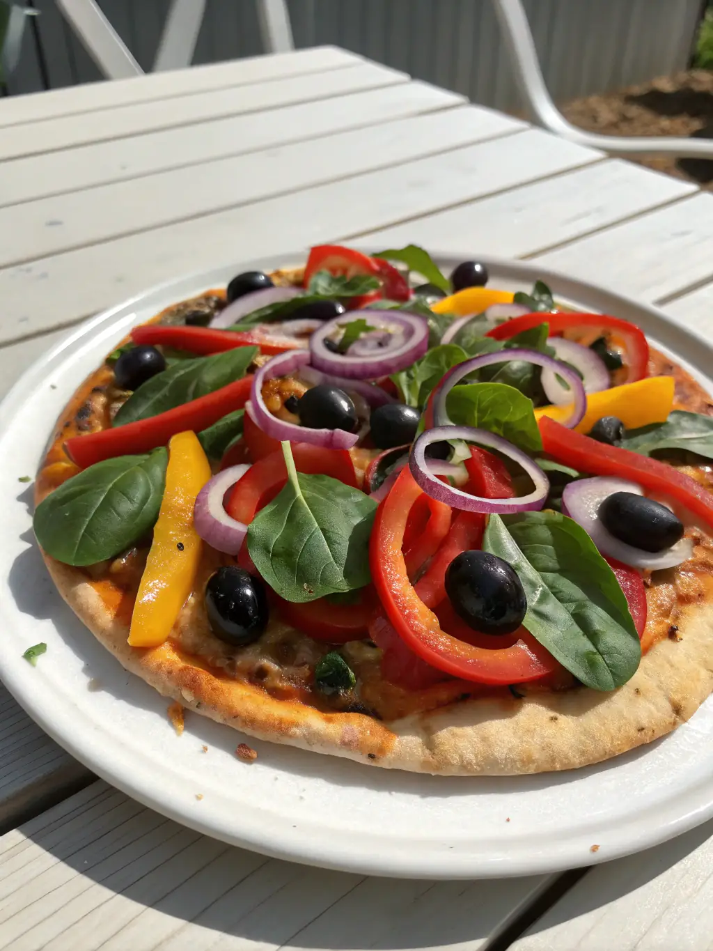 A close-up shot of Pizza Depot's 'Vegetarian Supreme' pizza, highlighting colorful vegetables like bell peppers, onions, olives, and tomatoes, with a sprinkle of herbs and a light, airy crust.