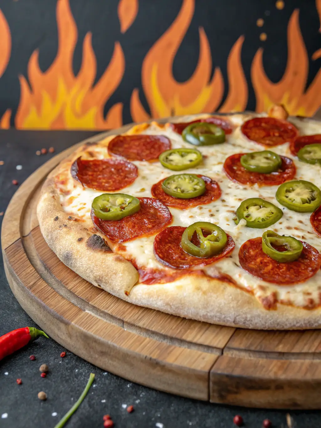A vibrant image of Pizza Depot's 'Meat Lovers' pizza, showcasing generous toppings of sausage, bacon, and ground beef, with melted cheese and a slightly browned crust, set against a dark, rustic table.