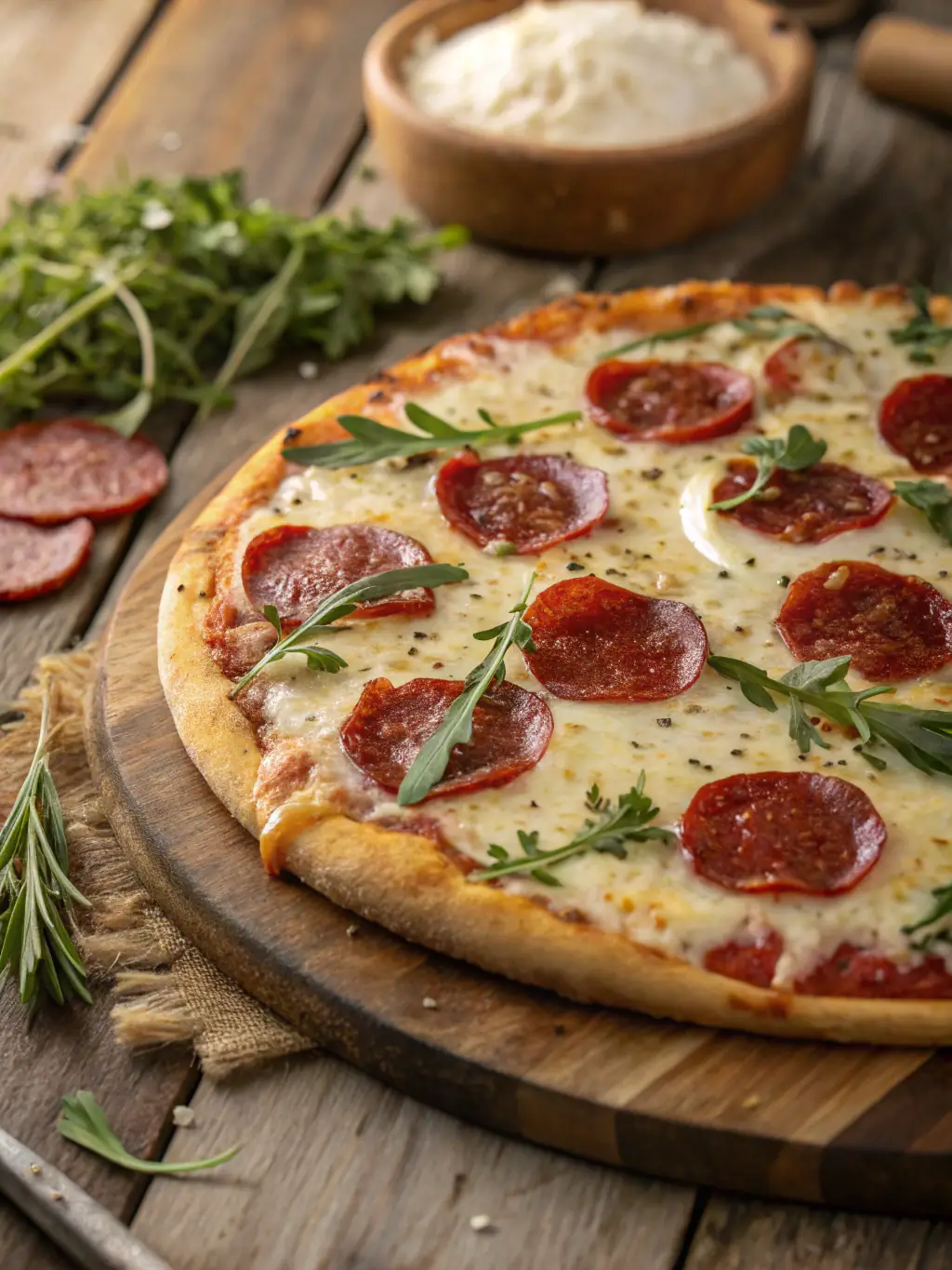 A photograph of a large, steaming 'Canadian Classic' pizza from Pizza Depot, featuring pepperoni, mushrooms, and green peppers on a crispy crust, presented on a wooden pizza peel with a blurred restaurant background.