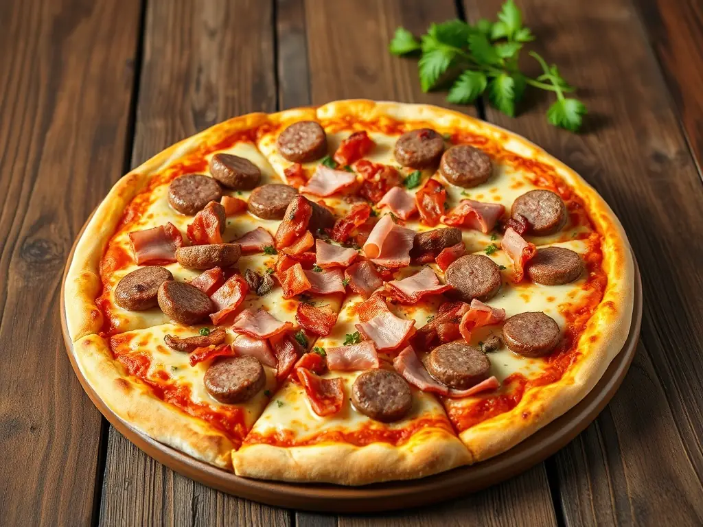 An appetizing image of a 'Meat Lovers' pizza from Pizza Depot, loaded with pepperoni, sausage, bacon, and ham, covered in a generous layer of melted cheese.