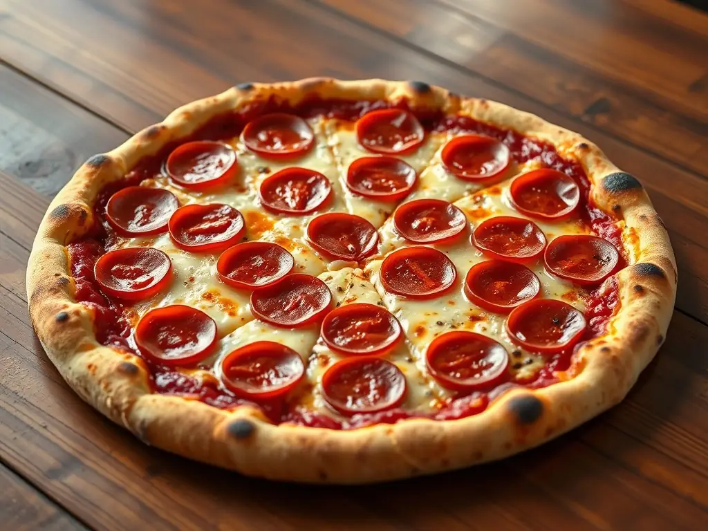 A vibrant, overhead shot of a 'Canadian Classic' pizza from Pizza Depot, showcasing pepperoni, mushrooms, and green peppers on a golden crust, with melted mozzarella cheese.